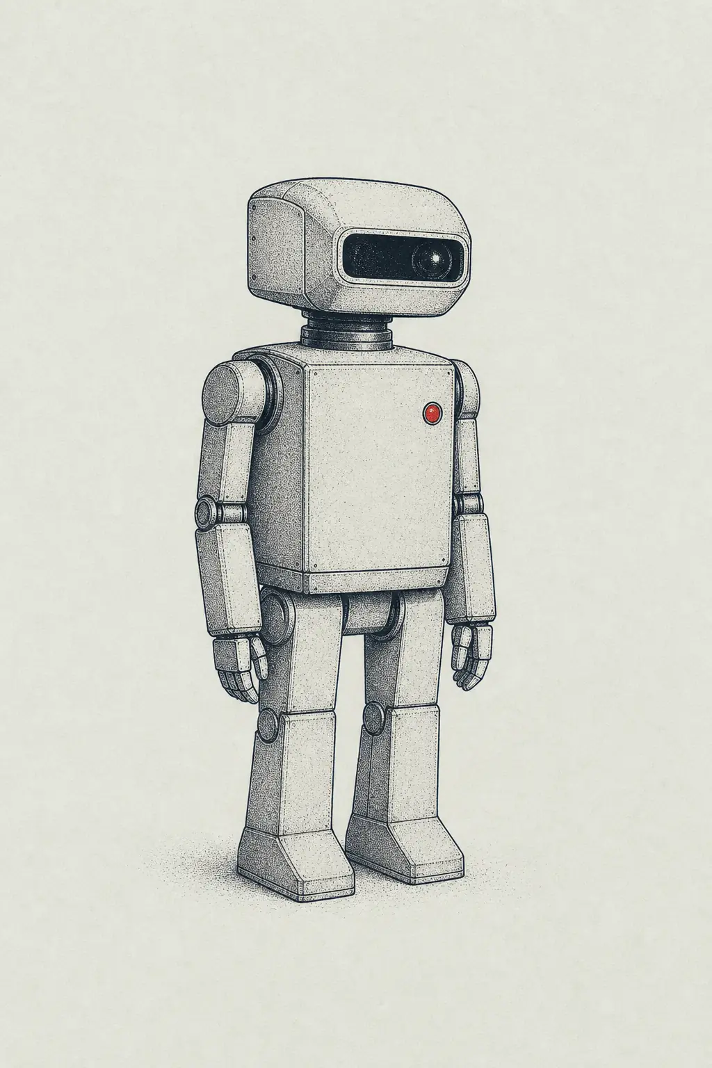 A technical stipple illustration of a compact humanoid robot.