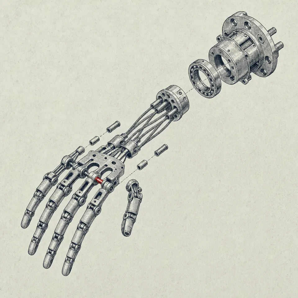 Vintage patent-plate exploded drawing of a mechanical hand and wrist assembly, cable-driven fingers separated from a bearing coupling, one bushing marked in red.
