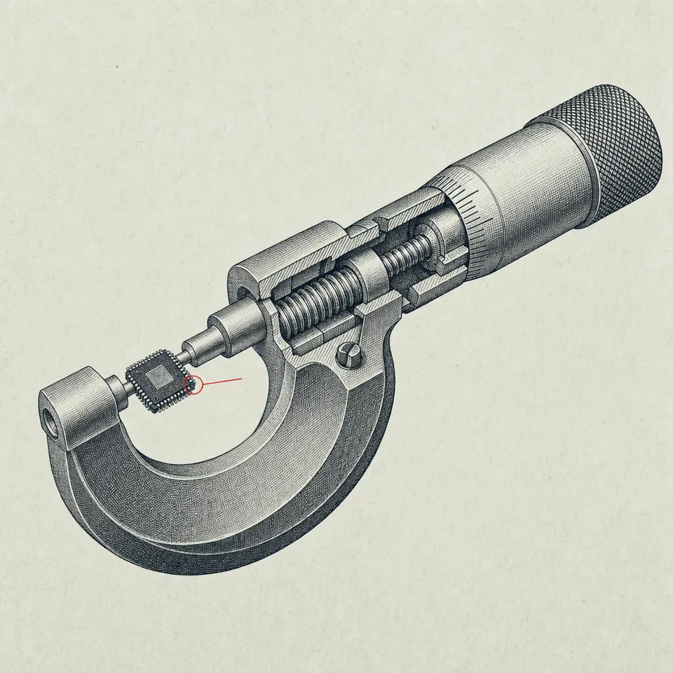 Vintage patent-plate cutaway drawing of a micrometer measuring an integrated-circuit die held between its anvil and spindle, with a red leader line to the die.