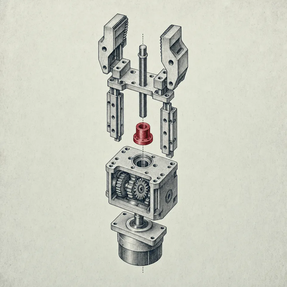 Vintage patent-plate exploded drawing of a two-jaw gripper stacked above a cutaway gear housing and drive motor on a vertical axis, one coupling collar marked in red.