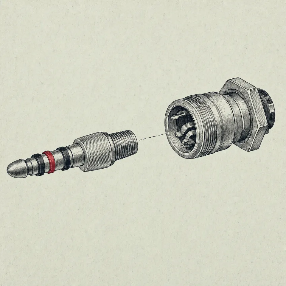 Vintage patent-plate drawing of a threaded plug aligned on a dashed axis with its multi-pin bulkhead socket, one collar band marked in red.