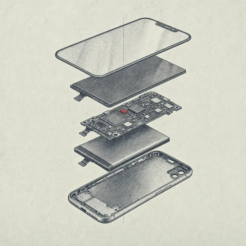 Vintage patent-plate exploded drawing of a smartphone — cover glass, display panel, logic board, battery and chassis separated in layers, one chip marked in red.