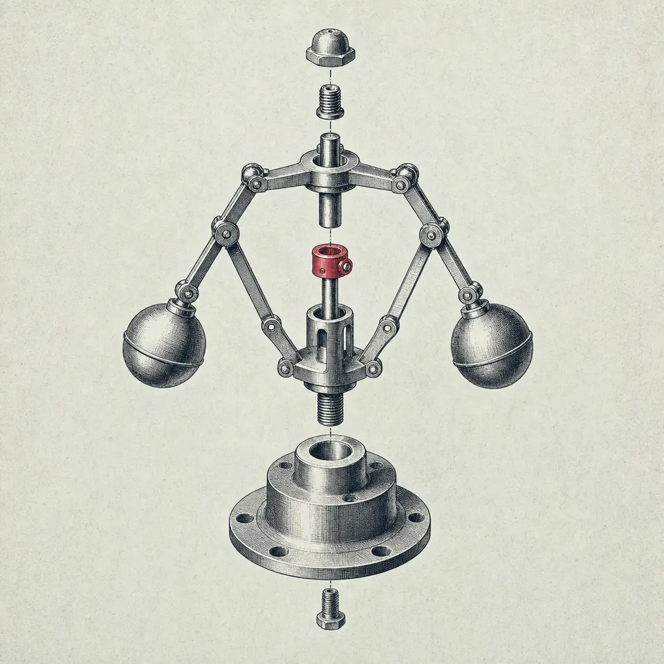 Vintage patent-plate exploded drawing of a centrifugal governor — weighted flyballs on linkage arms above a sliding sleeve and flanged base, one collar marked in red.
