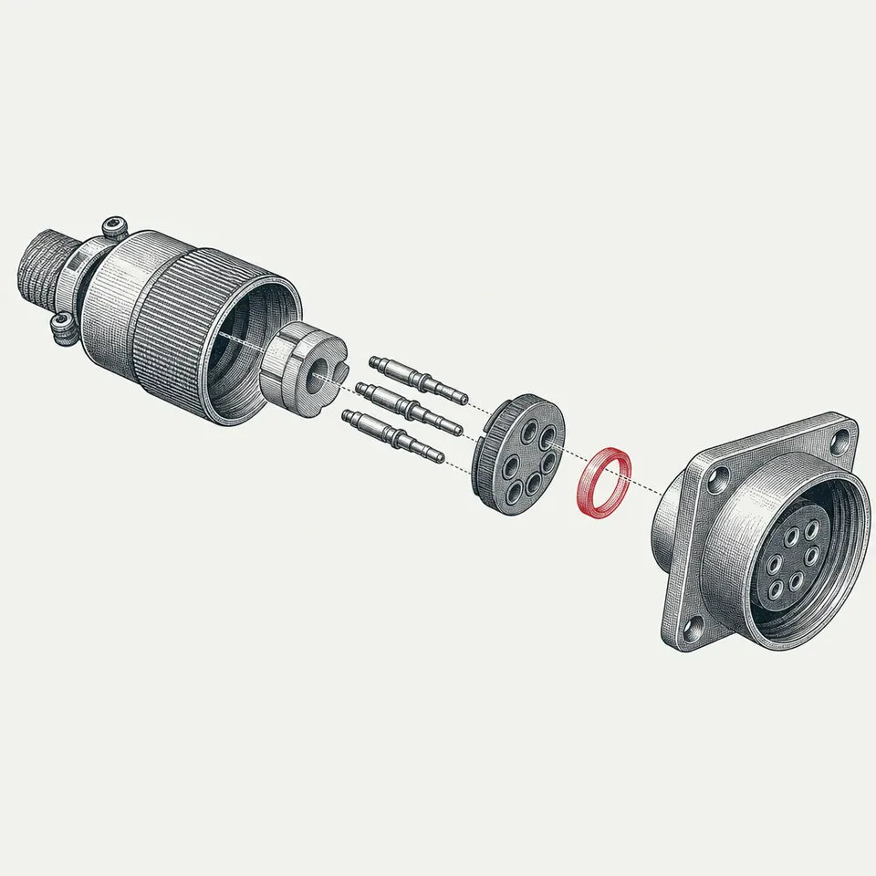 Vintage patent-plate exploded drawing of a multi-pin connector, with shell, contact pins, insulator disc and flanged panel receptacle strung along a dashed axis, sealing ring marked in red.
