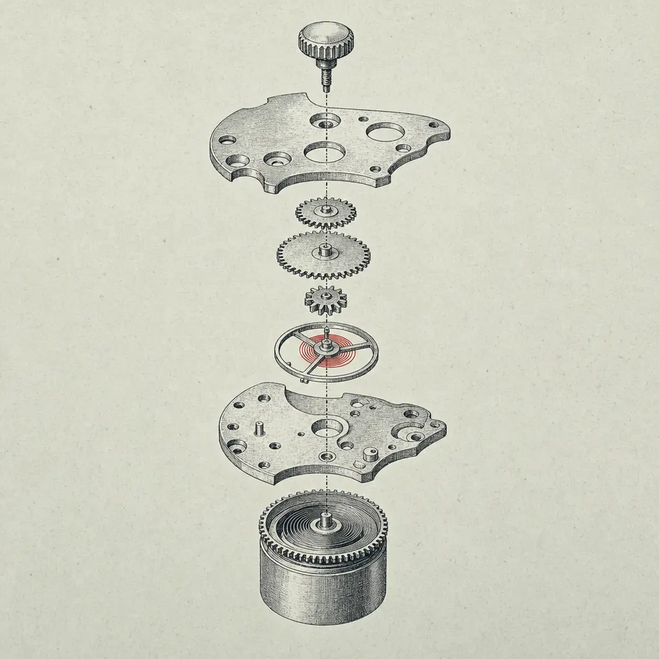 Vintage patent-plate exploded drawing of a watch movement — crown, bridges, gear train, balance wheel and mainspring barrel stacked on a vertical axis, hairspring marked in red.