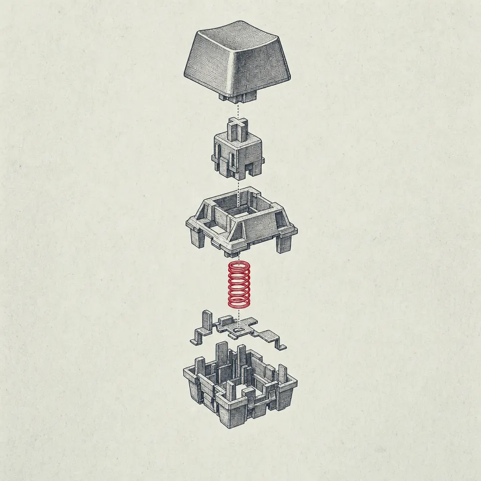 Vintage patent-plate exploded drawing of a mechanical keyboard switch — keycap, stem, upper housing, spring, contact leaves and base plate on a vertical axis, spring marked in red.
