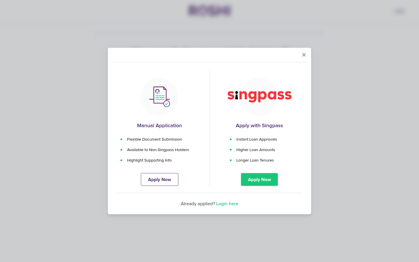 The ROSHI application entry: apply manually or with Singpass Myinfo