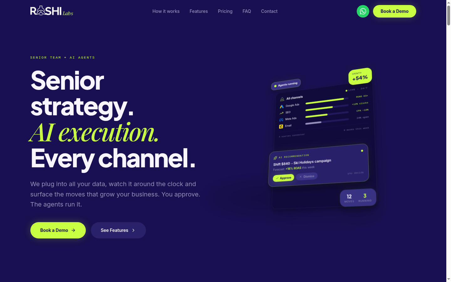 The Roshi Labs homepage: senior strategy, AI execution, every channel