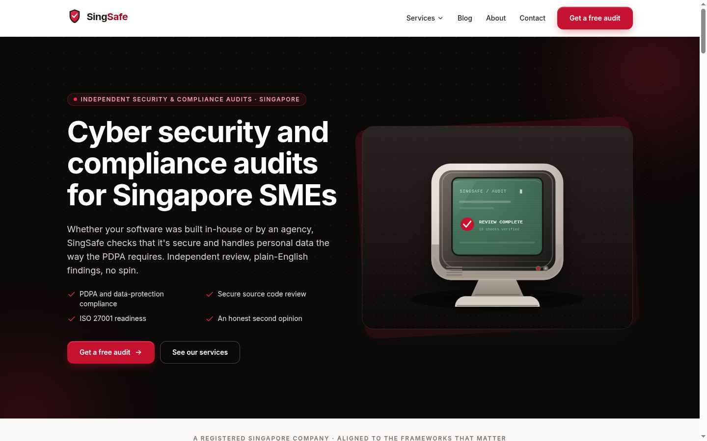 The SingSafe homepage: cyber security and compliance audits for Singapore SMEs
