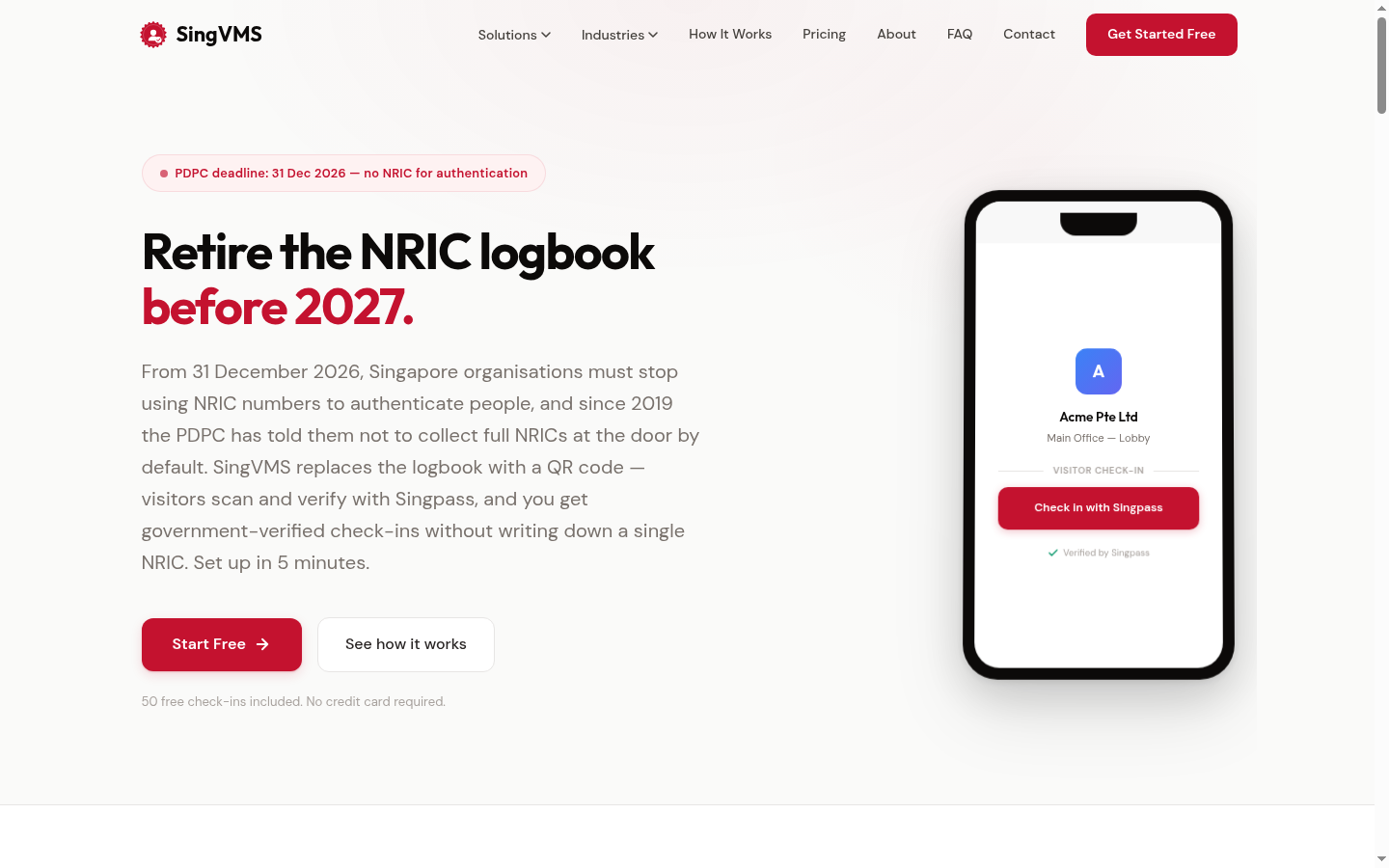 The SingVMS homepage: retire the NRIC logbook with Singpass-verified check-ins