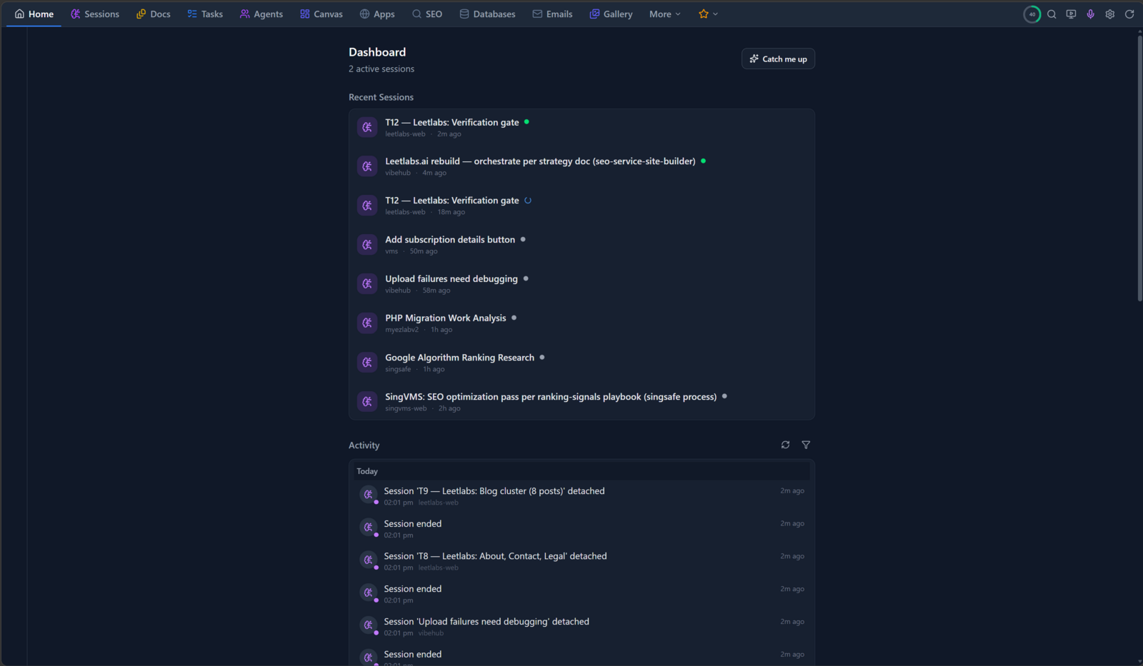 The Vibehub dashboard showing recent agent sessions across projects and a live activity feed